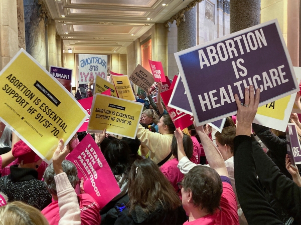 Abortion demonstrators outside the Minnesota Senate chamber