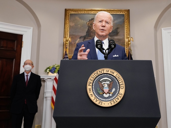 U.S. President Joe Biden speaks on the retirement of Supreme Court Associate Justice Stephen Breyer