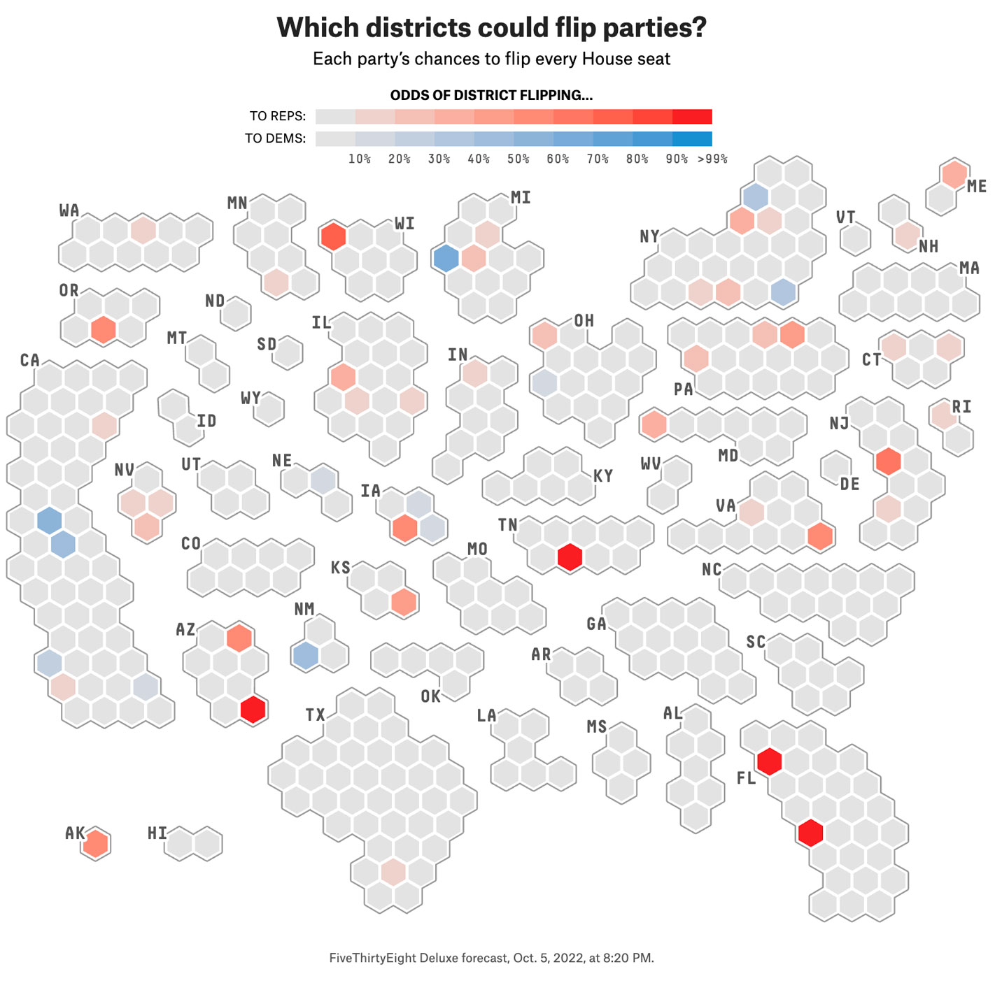 A cartogram shows every Congressional district in the U.S. Some are colors degrees of red or blue to denote which seats the parties have a chance at flipping in the 2022 Midterms. 