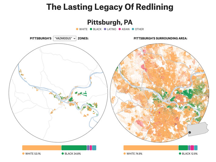 A dot density map of Pittsburgh, Penn. shows how redlined neighborhoods defined decades ago still have the same racial disparities.