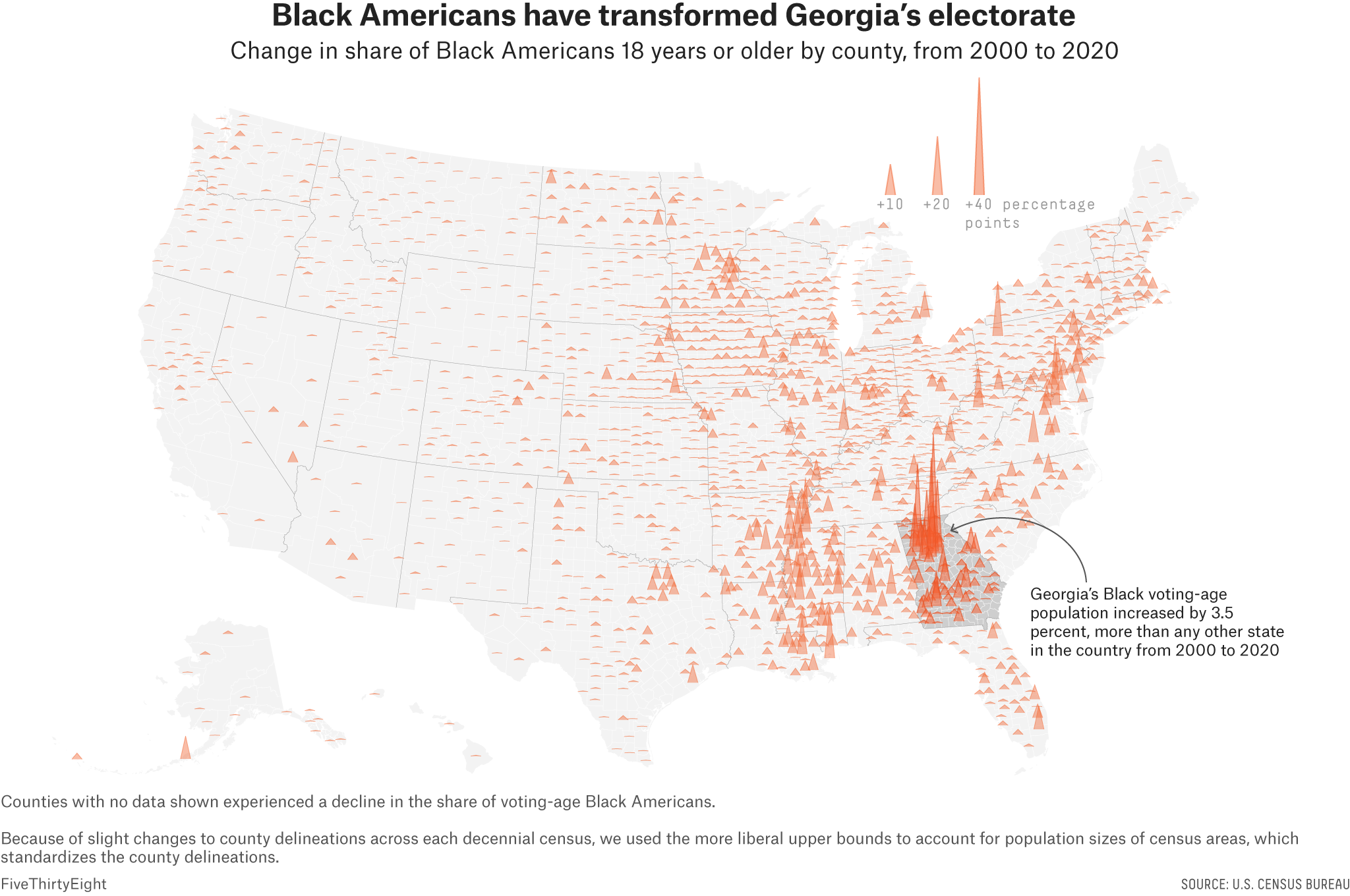 A 50-state map shows spikes depicting the change in the share of Black Americans from 2000 to 2020; Georgia has seen by far the largest increase in the country. 